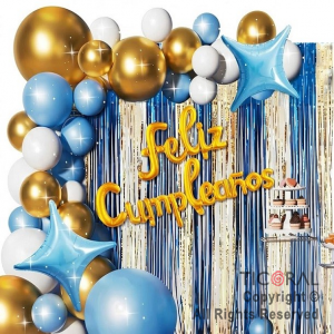 SET DE GLOBOS ARCO XL FELIZ CUMPLEA�OS CELESTE BLANCO Y ORO LA711 59 UNIDADES